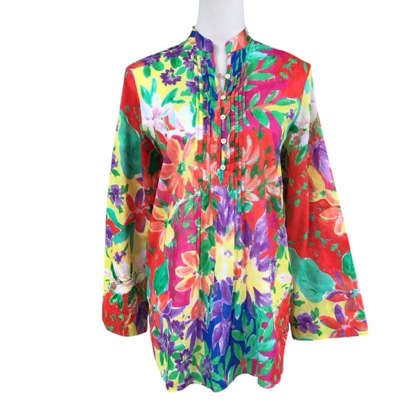 Lauren Ralph Lauren Floral Pin Tuck Cotton Tunic Blouse Size SP - Picture 2 of 10
